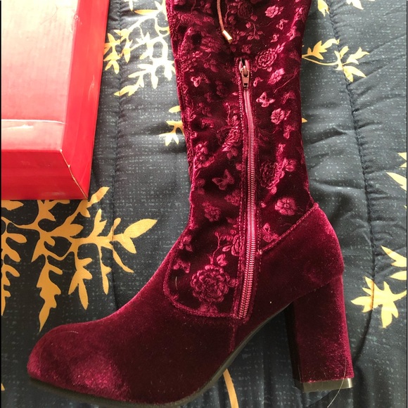 Burgundy Over The Knee Velvet Boots - Picture 1 of 7